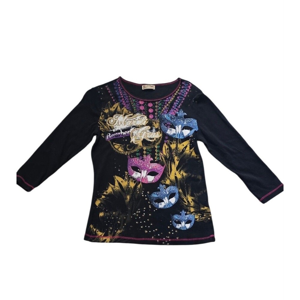 Y2K Blue Canyon Womens Black Mardi Gras Top 3/4 Sleeve Carnival Glitter,Size L